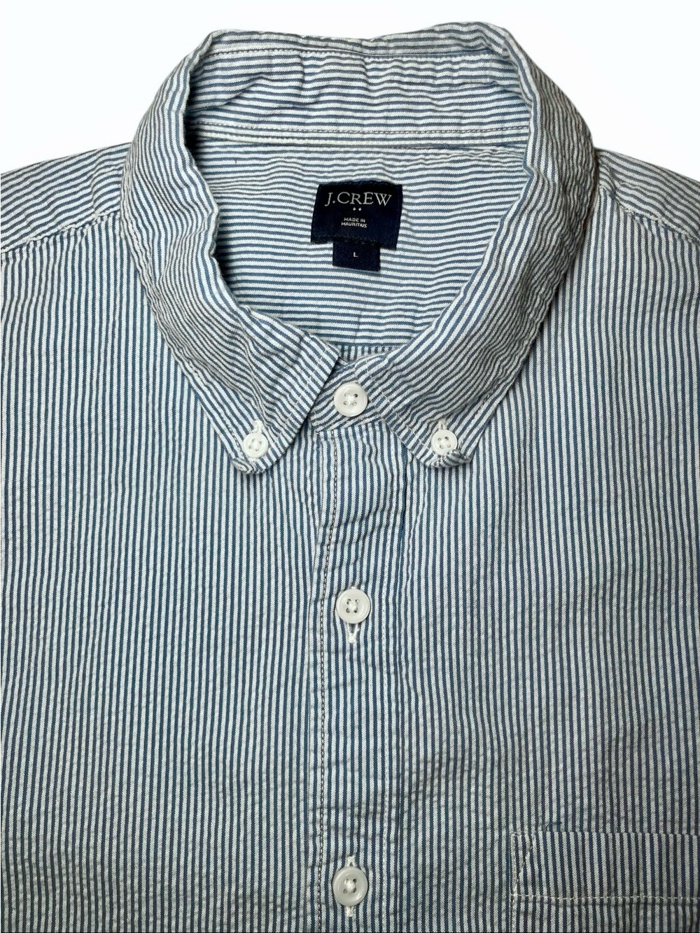 J Crew Short Sleeve Cotton Seersucker Stripe in Blue/White Mens L